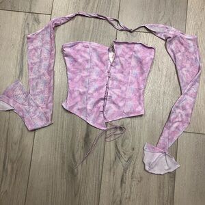 New Pink Dollskill Lavender Tie-Dye Corset Tie Up Mesh Top